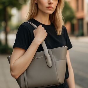 Michael Kors Charlotte Pearl Grey Top Zip Leather Tote Handbag New